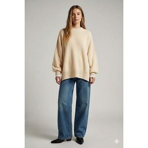 Free People Cozy Oversized Knit Sweater Cream Dropped Shoulder Puff Sleeve Large